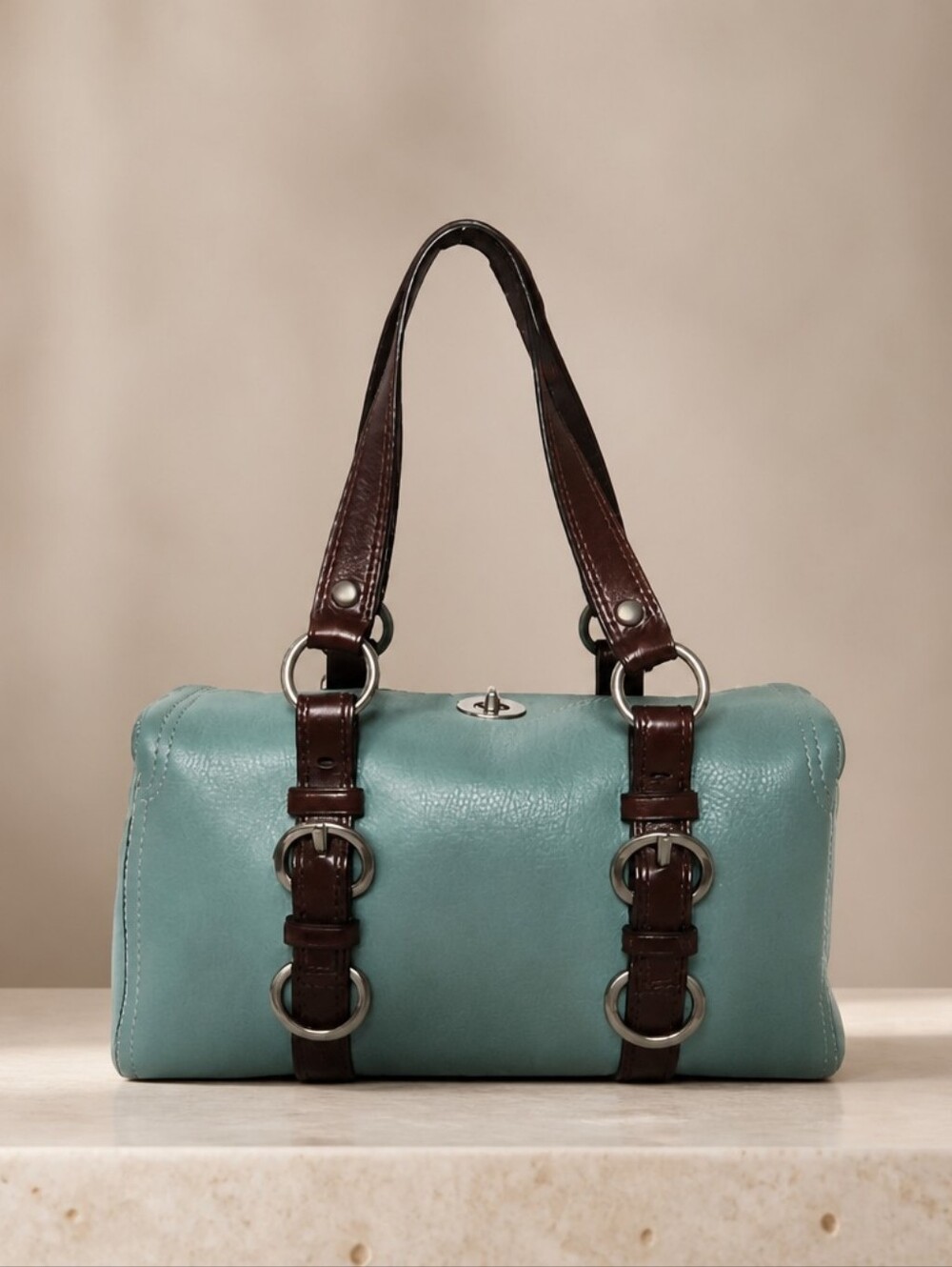 COACH Vtg Leather CHELSEA Barrel Bag In Blue Leather w/Dark Brown Trim - Picture 2 of 6